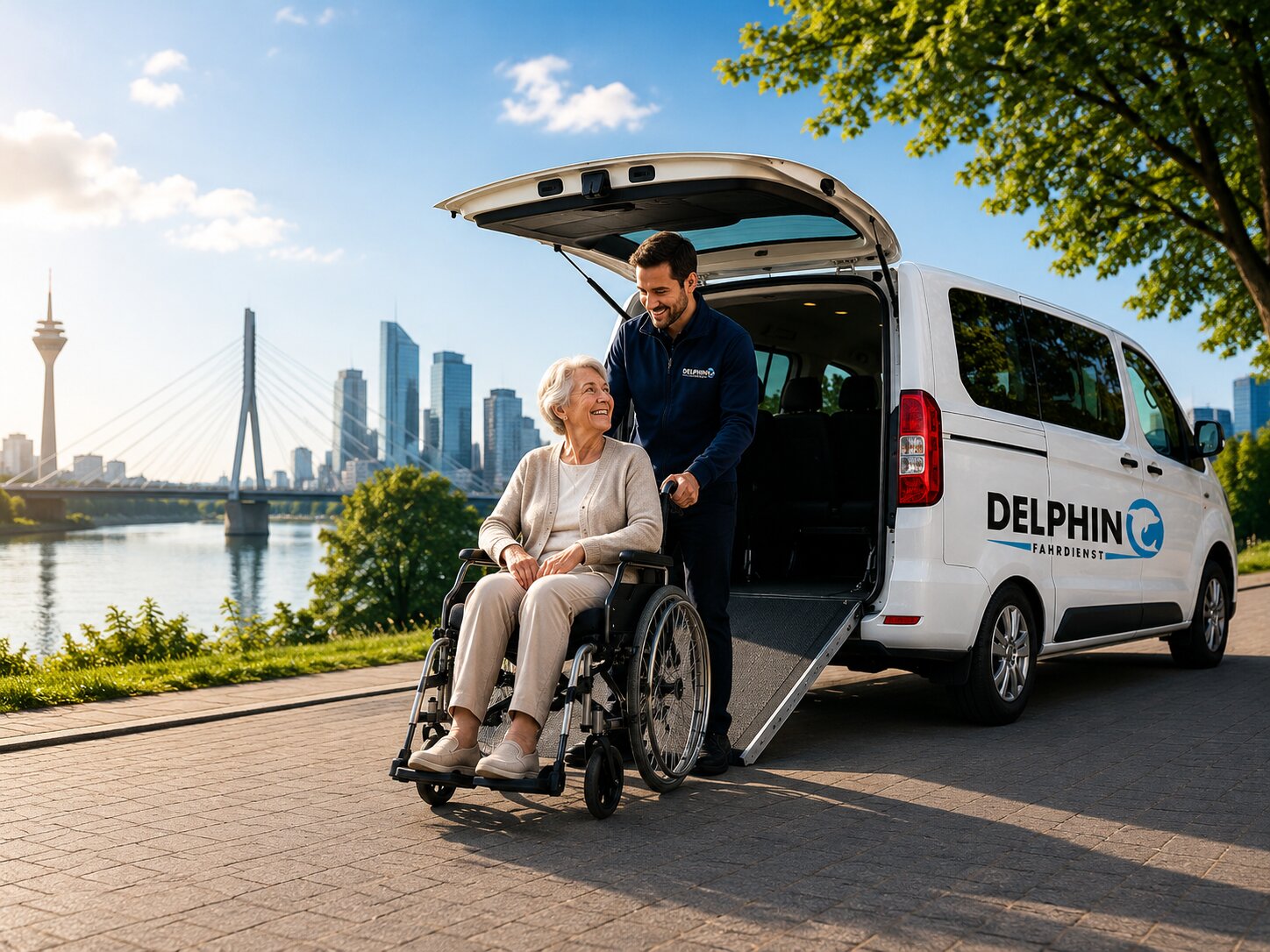Fahrer von Delphino begleitet einen Fahrgast im Rollstuhl über die Rampe in ein modernes Fahrdienst-Fahrzeug